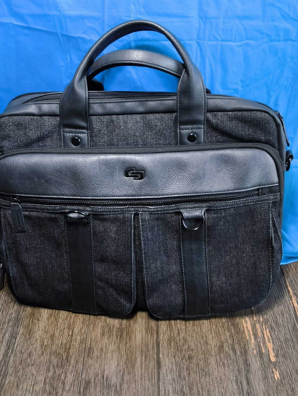 Solo New York Laptop Briefcase Messenger Bag Black Denim Faux Leather Business - Picture 7 of 9